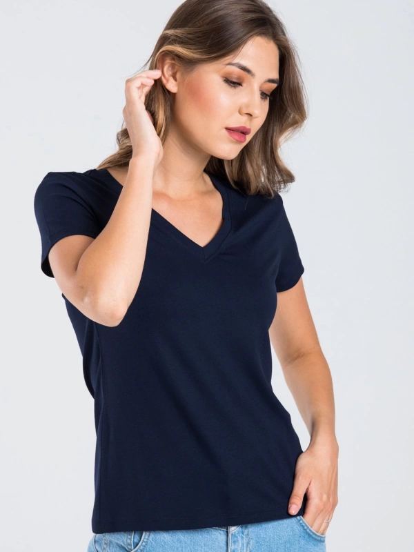 Kadın Koyu Lacivert Renk V Yaka Kısa Kollu Viskon T-Shirt