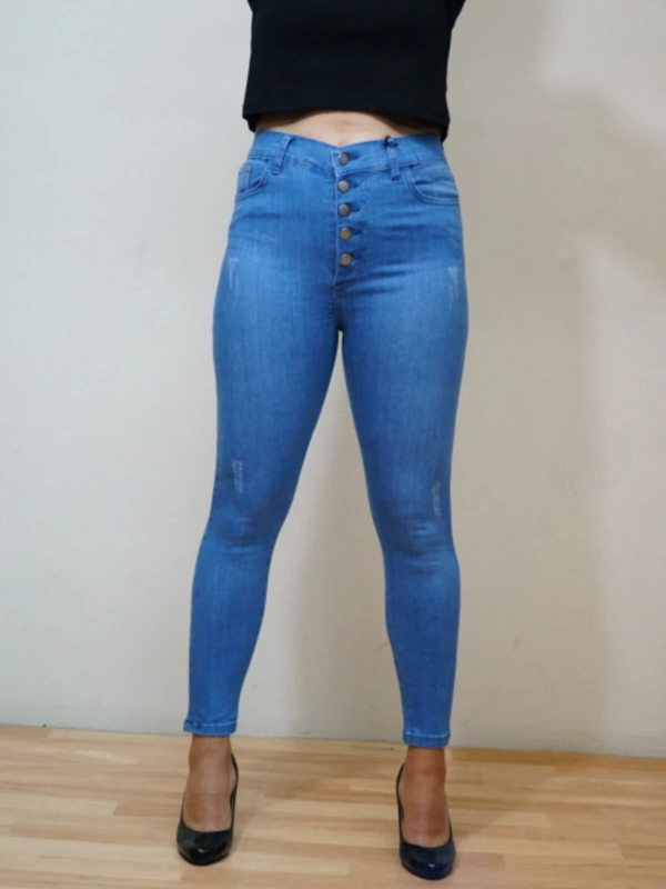 Kadın Lacivert Denim Düğmeli Mavi Yüksek Bel Jeans
