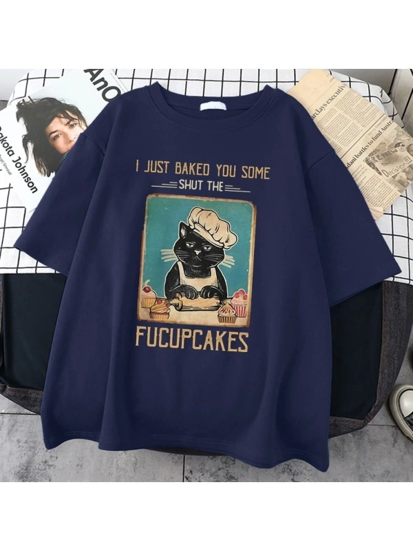 Kadın Lacivert Fucupcakes Baskılı Oversize Bisiklet Yaka Tshirt