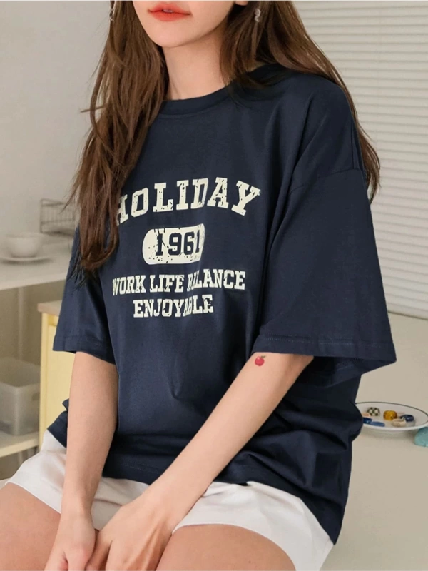 Kadın Lacivert Holıday Baskılı Bisiklet Yaka Tshirt