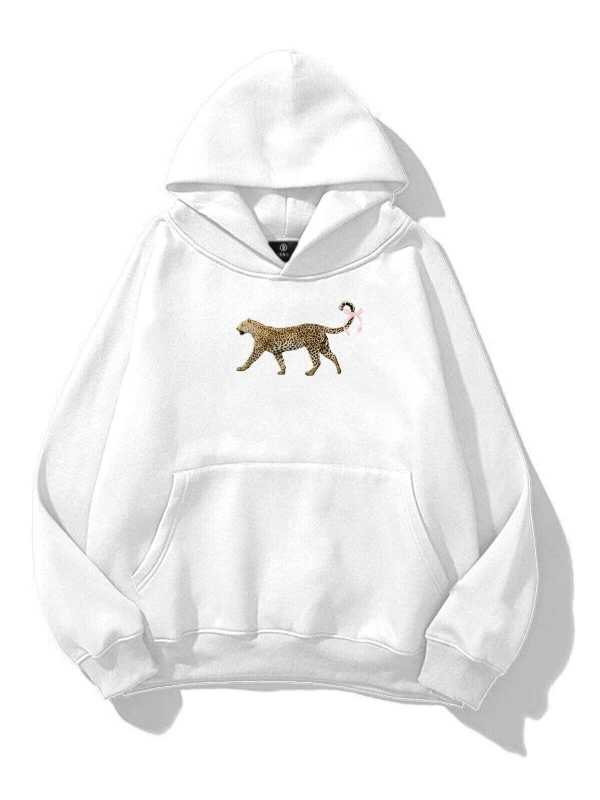 Kadın Leopar Kuyruk Kurdele Sweatshirt Beyaz