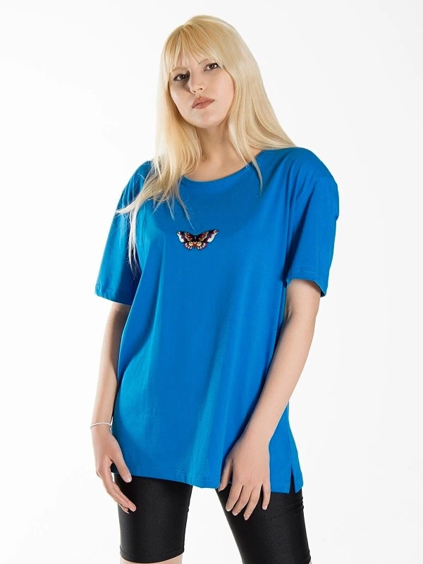 Kadın Mavi Önü Kelebek Baskılı Bisiklet Yaka Oversize Pamuklu T-shirt