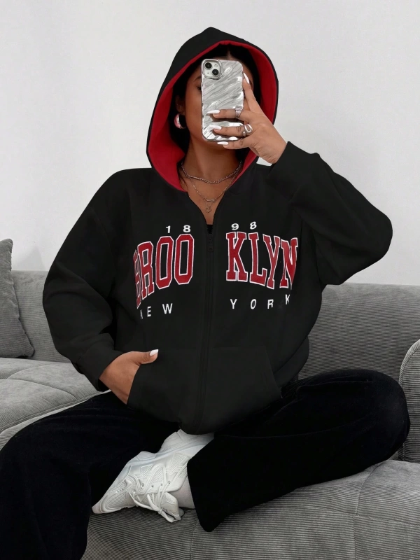 Kadın Mektup Baskılı Uzun Kollu Fermuarlı Günlük Kapşonlu Sweatshirt, Sonb Model 5178