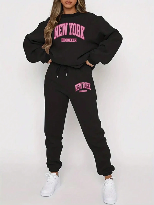 Kadın Mektup Baskılı Yuvarlak Yaka Uzun Kollu Sweatshirt Ve Bağcıklı Jogger Pantolon R