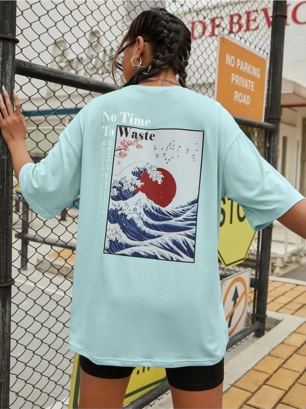 Kadın Mint Mavi To Time To Waste Baskılı Oversize Bisiklet Yaka T-shirt