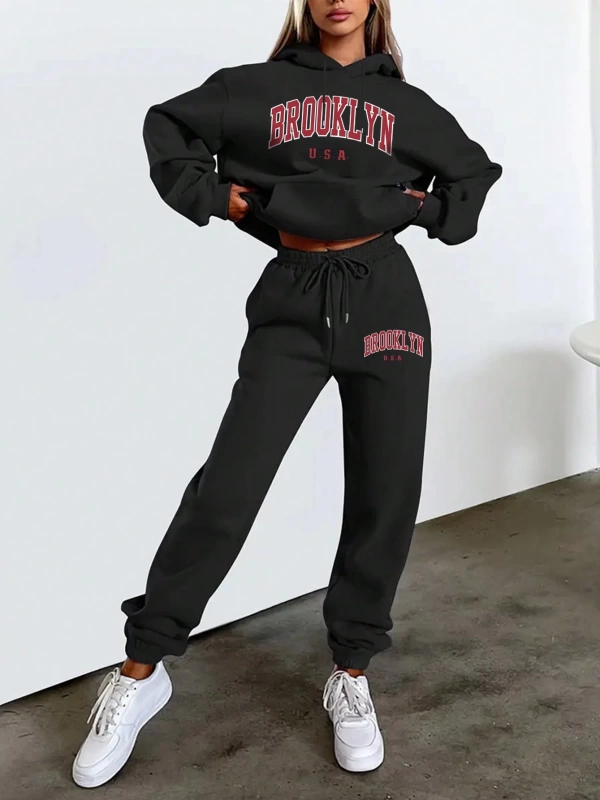 Kadın Moda Bol Spor Kapüşonlu Sweatshirt ve Eşofman Altı İki Parçalı Takım, Bayan İlkb