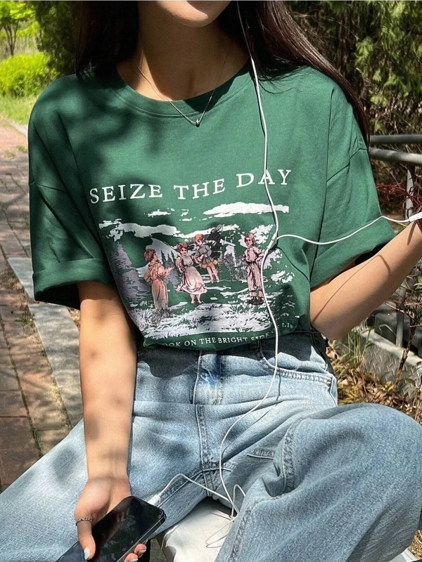 Kadın Nefti Yeşili Seize The Day Baskılı Oversize T-shirt