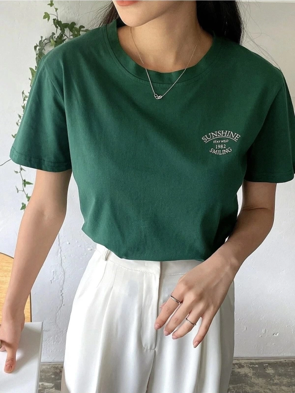 Kadın Nefti Yeşili Sunshine Baskılı Oversize Tişört