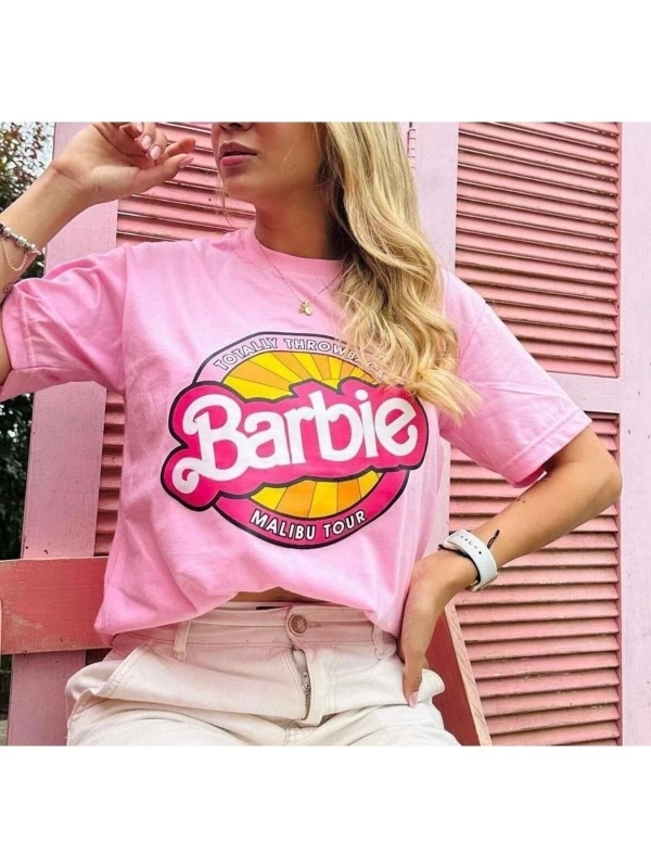 Kadın Pembe Baskılı Oversize Bisiklet Yaka Tişört