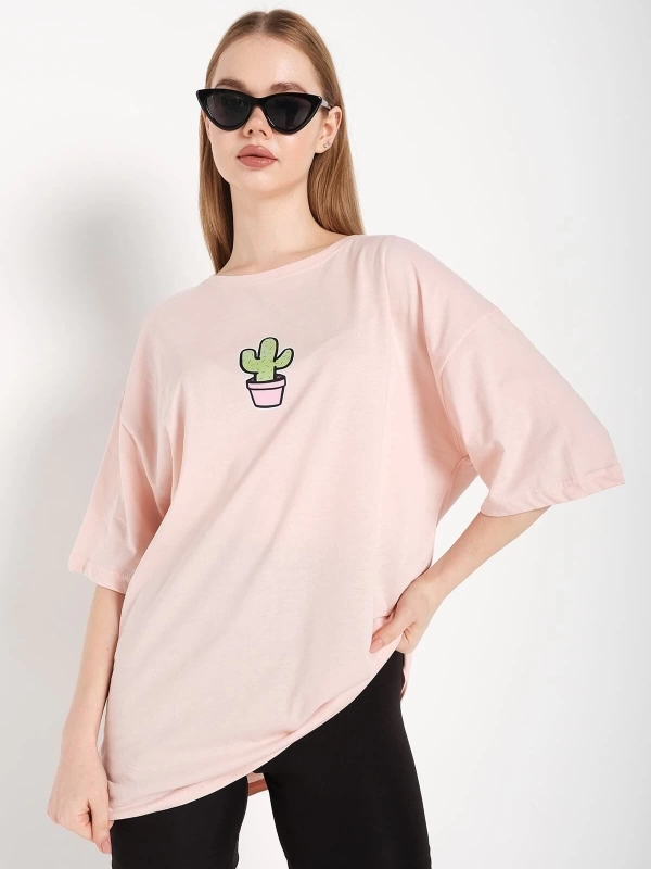 Kadın Pembe Cactus Logo Baskılı Oversize T-shirt