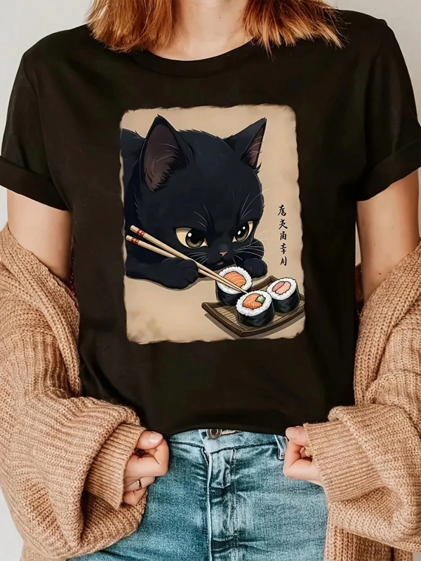 Kadın Rahat Bol Kesim Kısa Kollu Yuvarlak Yaka Tişört Kedi Suşi Yiyen Baskılı, Günlük Giyim İ
