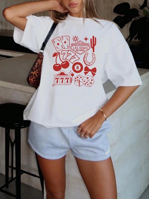 Kadın Rahat Çiçek Desenli Yuvarlak Yaka Tişört, Yaz, Kırmızı Rodeo Tişört, Kiraz Gömlek, Moda