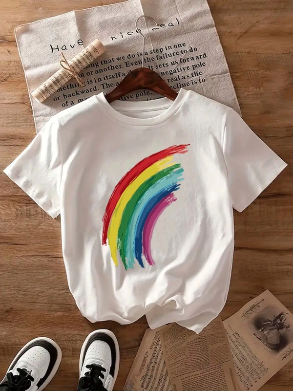 Kadın Rahat Gökkuşağı Baskılı Tişört, Yaz Kısa Kollu Yuvarlak Yaka Üst, Polyester Örgü