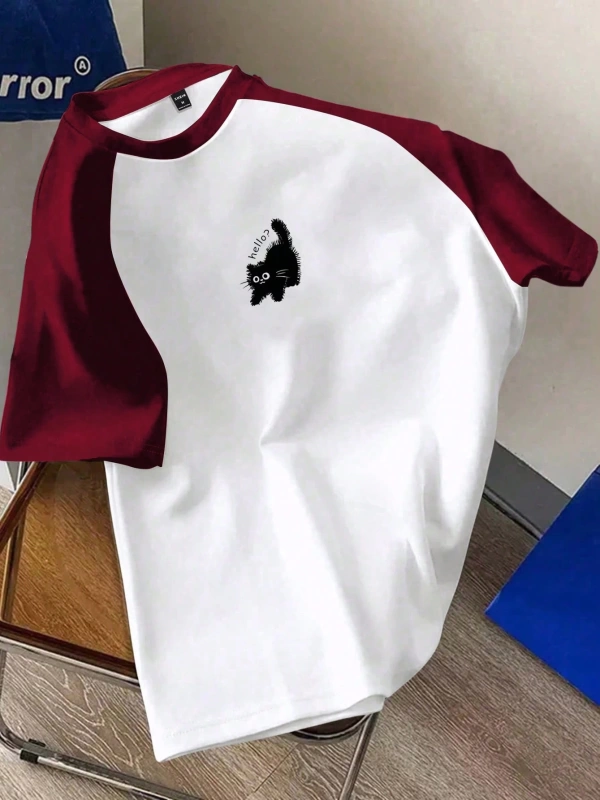 Kadın Rahat Minimalist Kedi Grafik Yuvarlak Yaka Kısa Kollu Bol Kesim Tişört, Ya