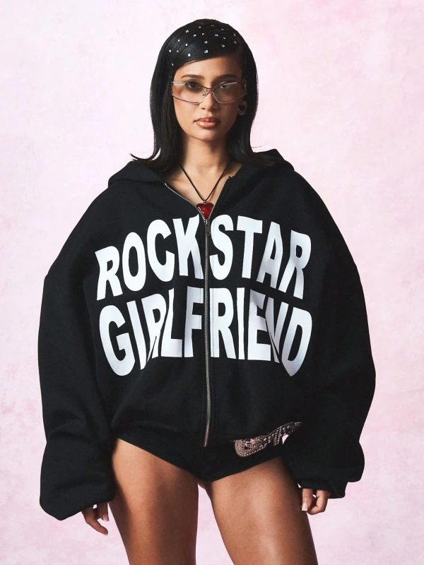 KADIN Rockstar Girlfriend Tam Fermuarlı Kısa Kapüşonlu Üst Cesur Sokak Giyimi Y2K Este Model 5202