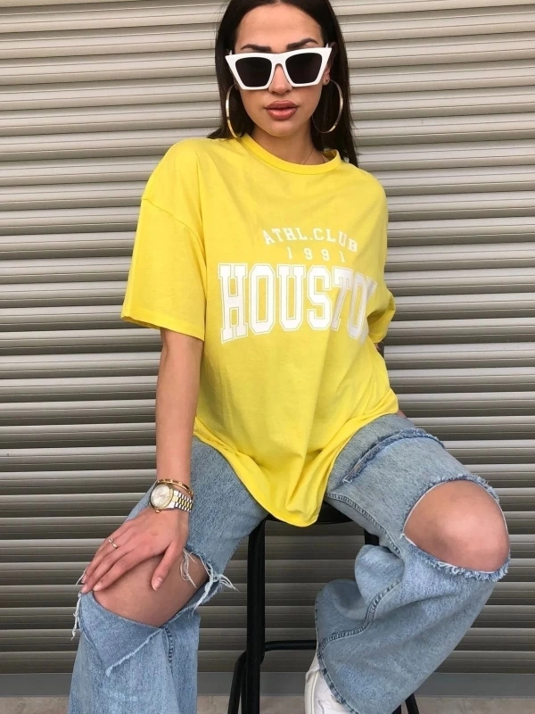 Kadın Sarı Houston Baskılı Oversize T-shirt