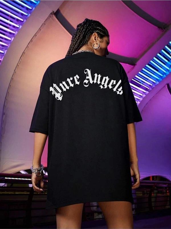Kadın Siyah Pure Angels Baskılı Oversize Bisiklet Yaka Tişört