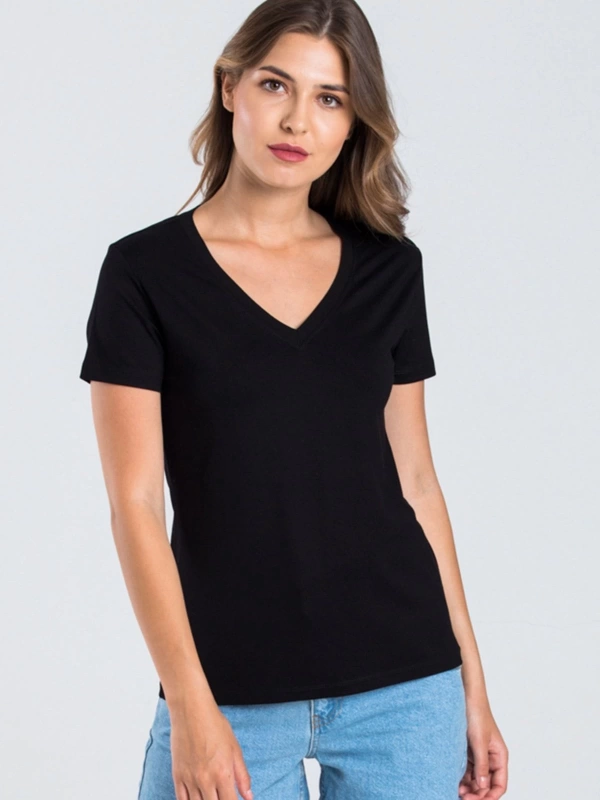 Kadın Siyah Renk V Yaka Kısa Kollu Viskon T-shirt