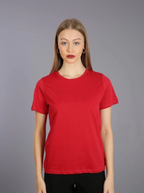 Kadın Slim Fit Yuvarlak Yaka Basic T-shirt Kırmızı