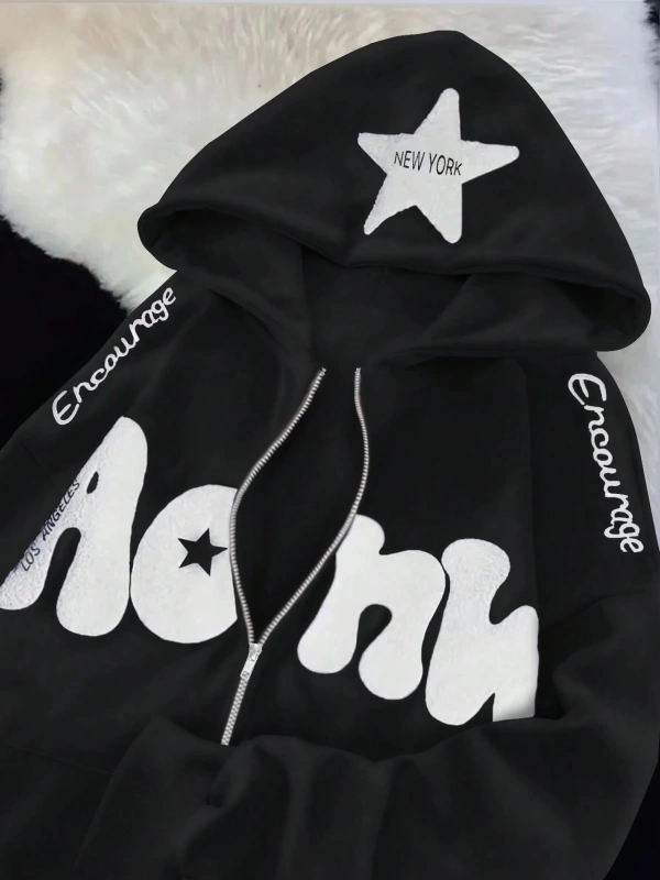 Kadın Sonbahar Ve Kış Mektup Baskılı Fermuarlı Pat Uzun Kollu Kapşonlu Sweatshirt, Uzu Model 5132