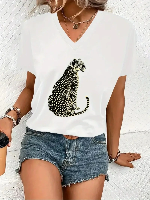 Kadın V yaka Beyaz Siyah T-Shirt Baskılı Oversize