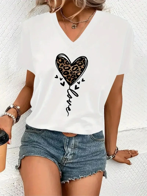 Kadın V yaka Beyaz Siyah T-Shirt Baskılı Oversize