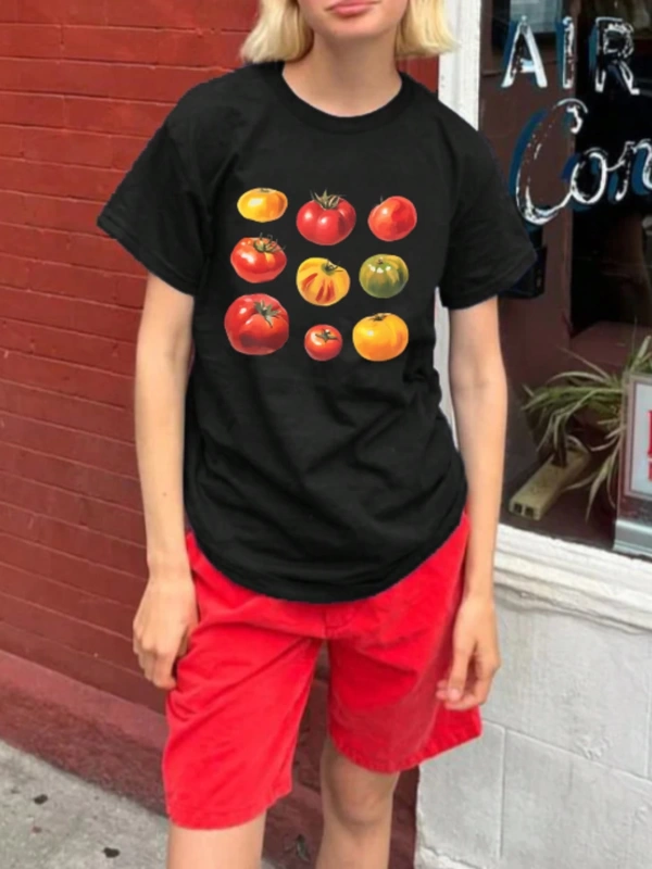 Kadın Y2k Yaz Papaya Mektup Baskılı Yuvarlak Yaka Kısa Kollu Basit Günlük Tişört Üstleri