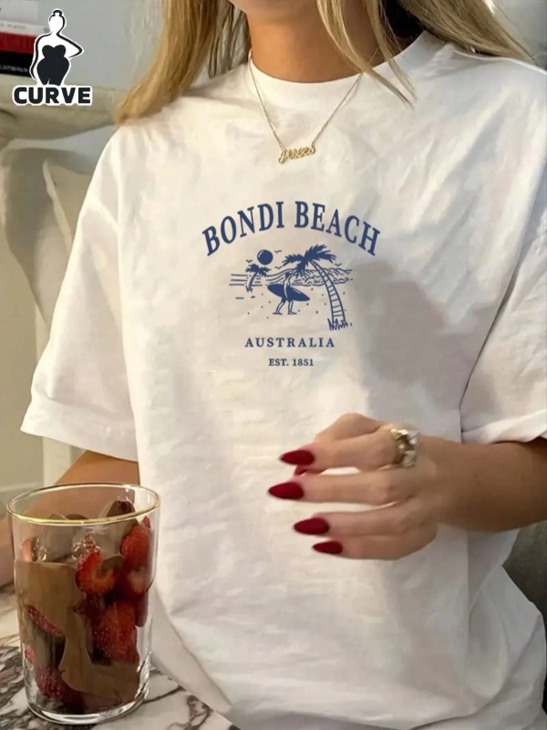 Kadın Yaz Büyük Beden Avustralya Bondi Beach Baskılı Yuvarlak Yaka Kısa Kollu Rahat Basit Bol