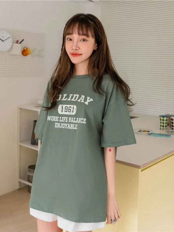 Kadın Yeşil Holıday Baskılı Bisiklet Yaka Tshirt
