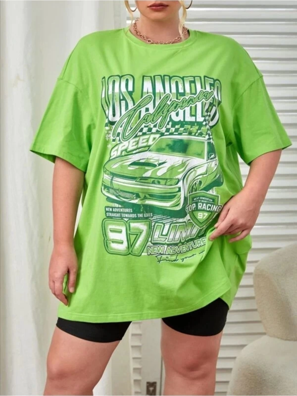 Kadın Yeşil Los Angeles Baskılı Bisiklet Yaka Tshirt