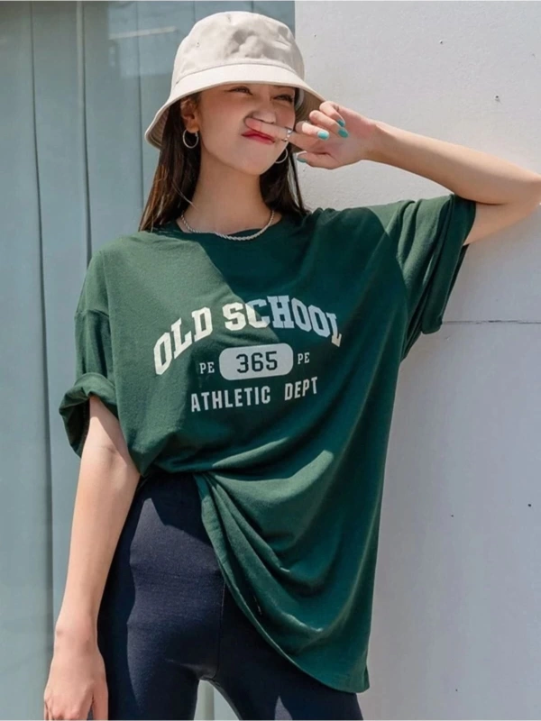 Kadın Yeşil School Baskılı Bisiklet Yaka Tshirt