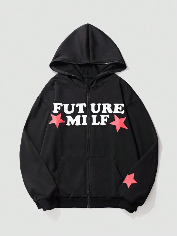 Kadın Yıldız ve Harf Baskılı Bol Kesim Kapüşonlu Sweatshirt, Sonbahar Model 5187