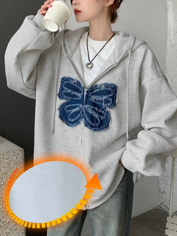 Kadın Yıpranmış Kelebek Detaylı Fermuarlı Kapüşonlu Sweatshirt Model 5160