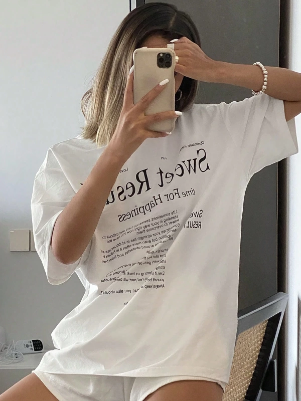 Kadın Yuvarlak Yaka Slogan Baskılı Kısa Kollu Tişört Yaz İçin