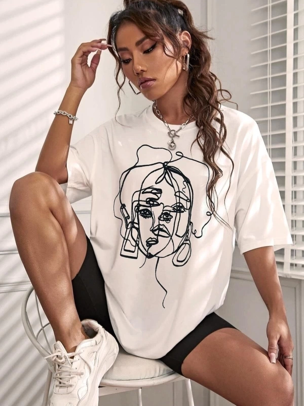 Kadın Yüz Baskı Detaylı Oversize T-shirt