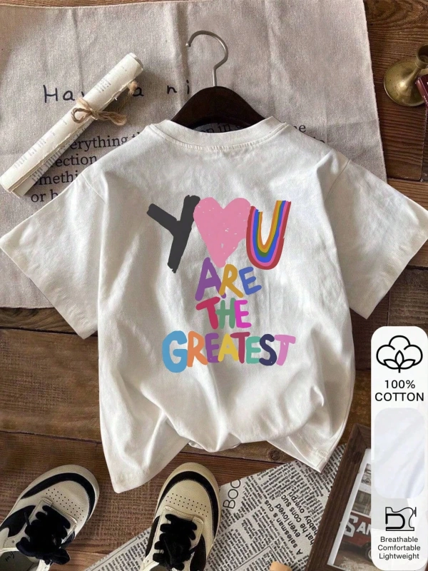 Kadınlar İçin Yazlık Bol Tişört, En İyi Sizsiniz Baskılı, Pamuklu, Beyaz Kısa Kollu, Grafik T