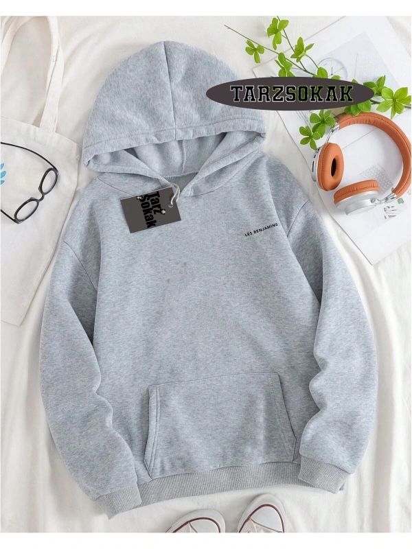 Kapşonlu Sweatshirt Gri LESBENJAMİNSS Özel Tasarım