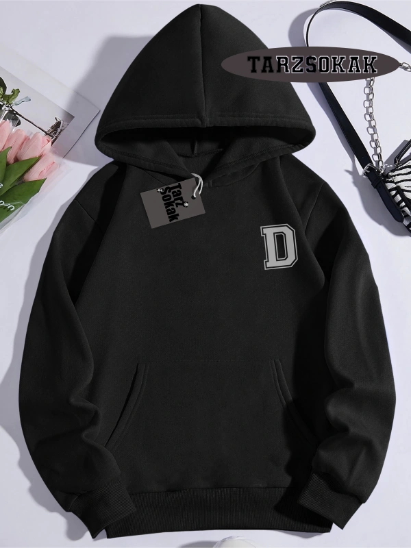 Kapşonlu Sweatshirt Siyah  D HARFİ  İSME Özel Tasarım