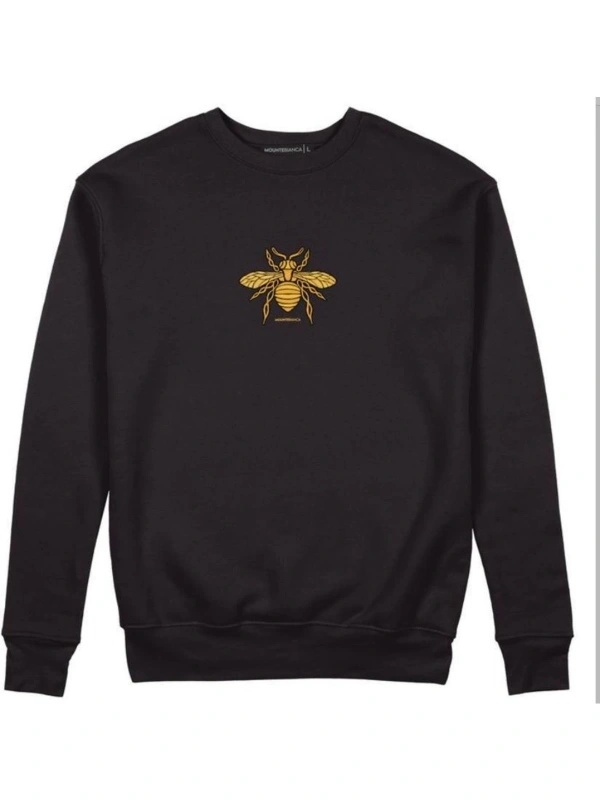 Kapşonsuz Arı Baskılı Pamuklu Siyah Sweatshirt