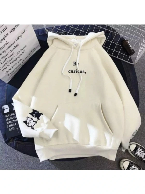 Kapüşonlu Be Curıous Kedicik Kol Baskılı 3 Iplik Tam Kışlık Oversize Kadın Sweatshı Beyaz