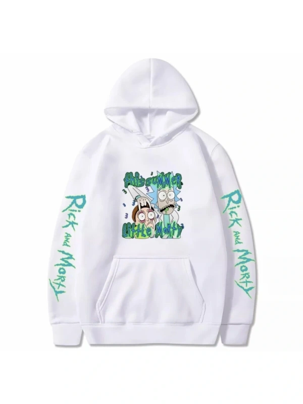 Kapüşonlu Rıck And Morty Göğüs Baskılı Oversize Yeni Stil Erkek Hoodıe-sweatshırt Beyaz
