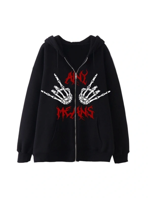 Karanlık Gotik El Kemik Baskılı Fermuarlı Hoodie 14536