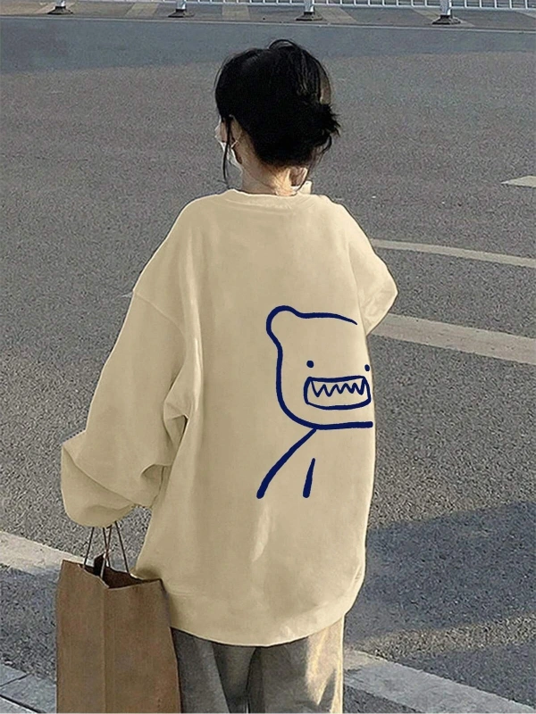 Karikatür Grafik Düşük Omuz Büyük Boy Sweat Bej