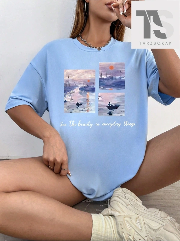 Karikatür Grafik Düşük Omuz Büyük Boy Tişört