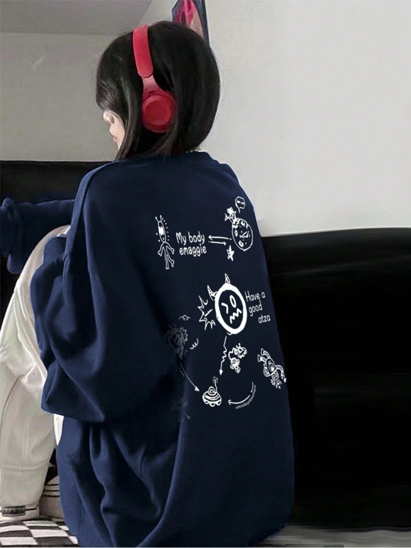 Karikatür & Harf Grafik Düşük Omuz Oversize Sweat Lacivert