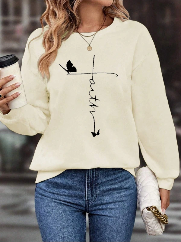 Karikatür & Harf Grafikli Damla Omuzlu Kazak Bej