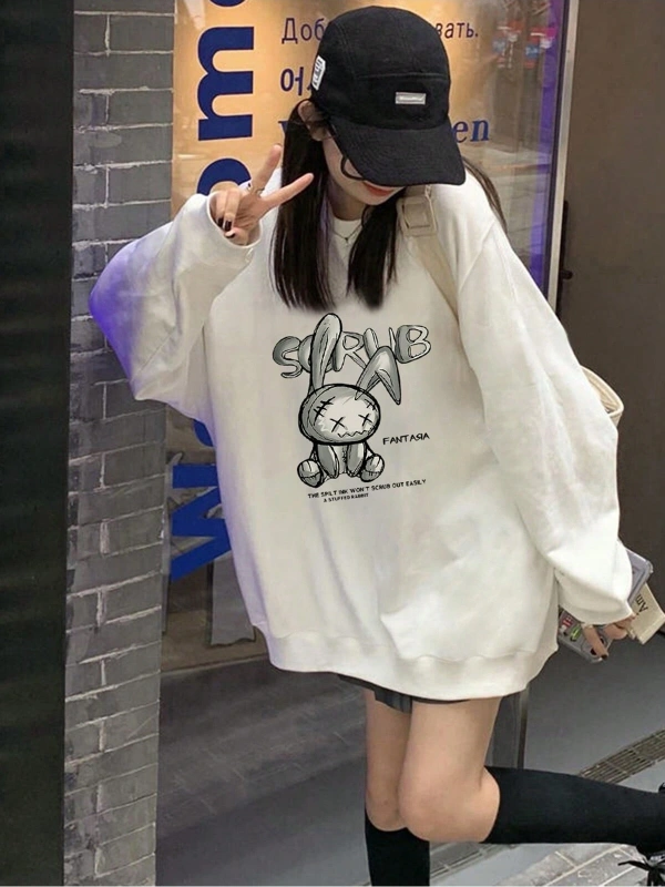 Karikatür & Slogan Grafikli Düşük Omuz Oversize Sweat Beyaz
