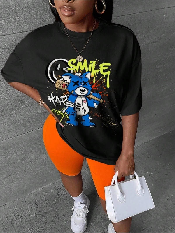 Karikatür ve Grafik tasarım Oversize T-shirt Cartoon/Letter serisi kod123