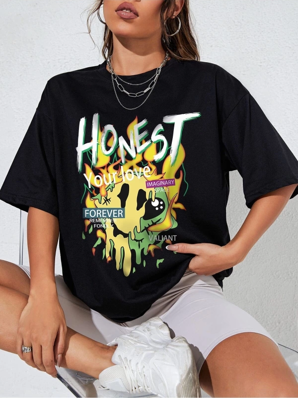 Karikatür ve Grafik tasarım Oversize T-shirt Cartoon/Letter serisi kod801