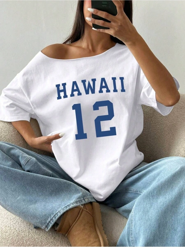 Kayık Yaka Hawaii Baskılı Oversize %100 Pamuk